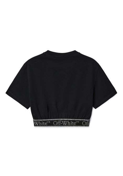 T-shirt cropped nera con elastico con scritta in argento Off-white kids OFF WHITE KIDS | T-SHIRT E POLO | OGAA018F24JER0011001